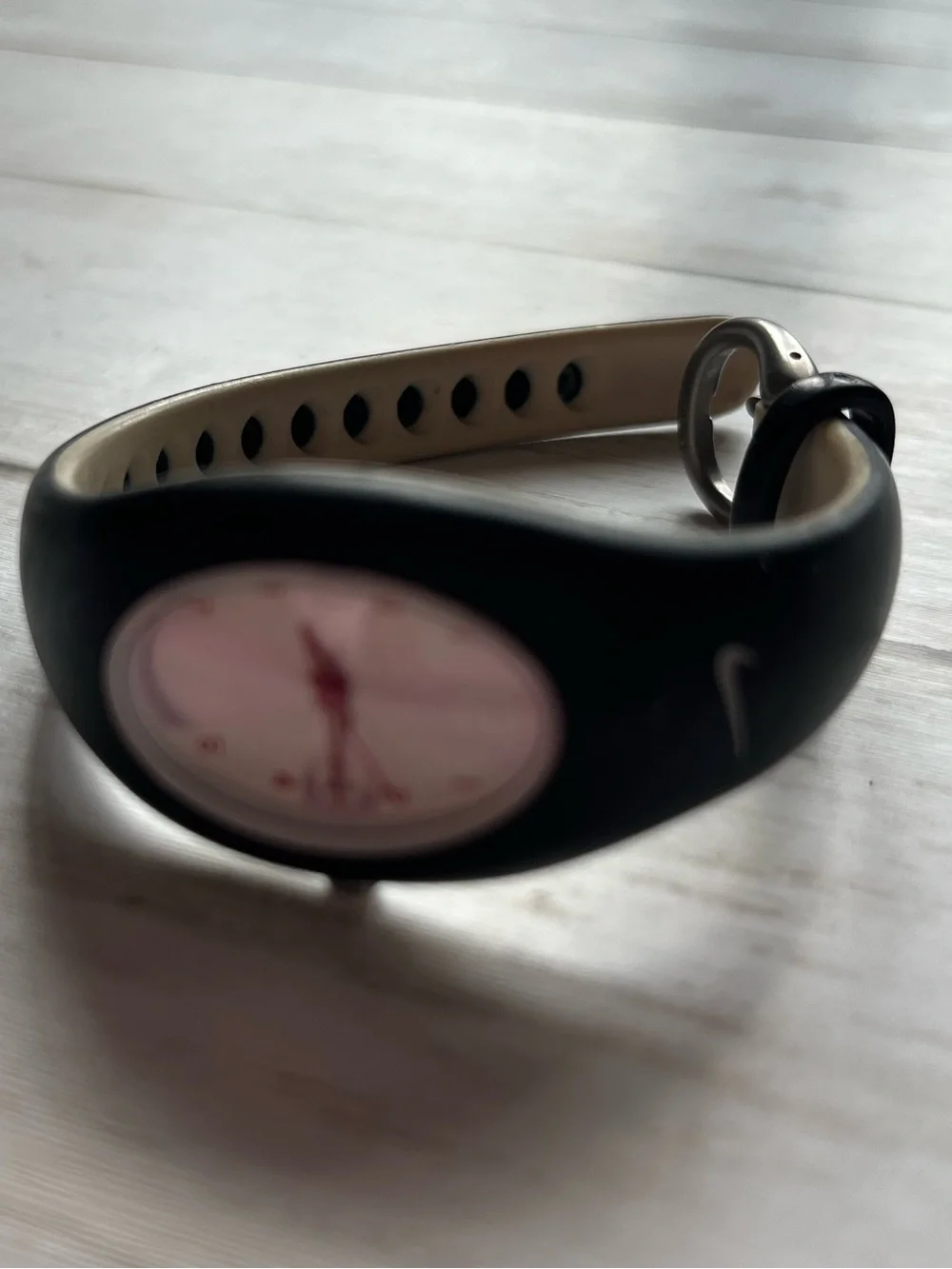 Vintage Nike Black Silicone Watch with Pink Dial and Red Hands